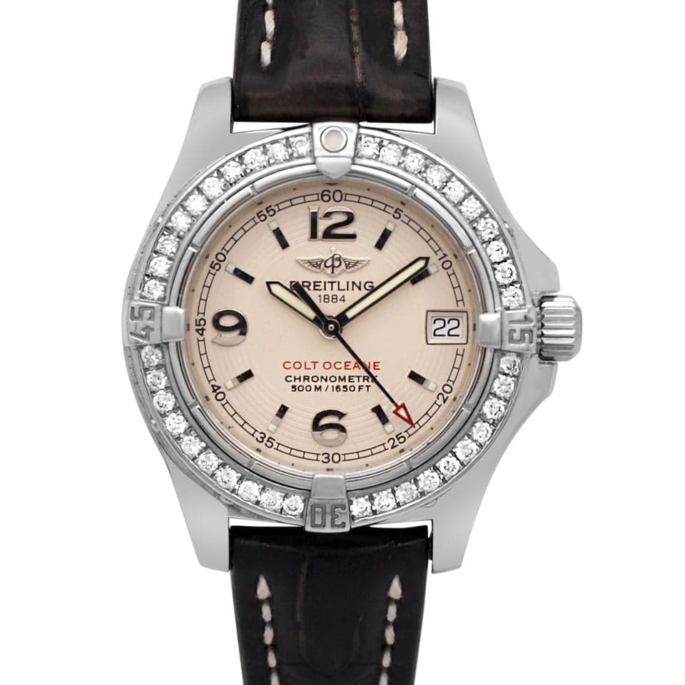 Breitling Colt Oceane33mm A77380 Quartz Custom VS Diamond Bezel Ivory Dial Leather Band