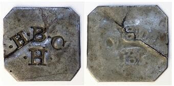 Hudson's Bay Company. H.B.C./H. (for Hazelton). Stamped on a tin square with its corners clipped. 26mm x 27mm. Not...