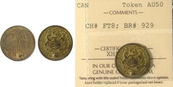 FT-8, BR#929 Hudson's Bay Company - Moose Factory District 1/8 made beaver ICCS About Uncirculated-50 Estimate: 300...