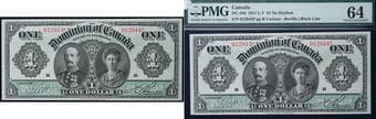 1911 $1 DC-18d #012944P PMG Choice Uncirculated-64. This example presents as a bright and well-preserved survivor with...