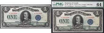 1923 $1 DC-25c #J-447900 Blue Seal, PMG Choice Uncirculated 64. This elusive variety is recognized as one of the more...
