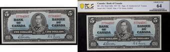 1937 $5 BC-23b #RC7764587 PMG Choice Uncirculated-64. A bright example. Estimate: 350 - AND UP CAD