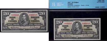 1937 $20 BC-25b #DE9950535 CCCS Gem Uncirculated-65. A nice example with superb colours. Estimate: 600 - AND UP CAD