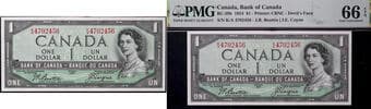 1954 $1 BC-29b #KA4702456 PMG Superb Gem Uncirculated-66 EPQ. Estimate: 250 - AND UP CAD