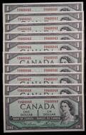 1954 $1 BC-37d #D/I9466040 to 6049 - Lot of 10 consecutive numbered notes in Crisp Uncirculated or better. Estimate:...