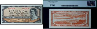1954 $50 BC-42b #B/H7614476 Legacy Superb Gem Uncirculated-66PPQ. A prisitine example with vibrant colours. Estimate:...