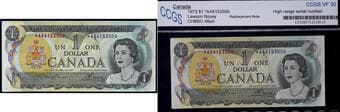 1973 $1 BC-46aA #*AA6153000 CCGS Choice Very Fine-30 - High-range serial, scarce asterisk replacement note. Estimate:...