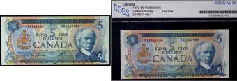 1972 $5 BC-48bT #RS8362606 CCGS Choice About Uncirculated-55 - Rare Test Note. This is a desirable experimental issue...