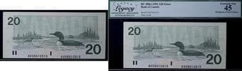 Error; 1991 $20 BC-58b-i #AVU5412313 Legacy Choice Extra Fine-45 - Misalignment of serial Numbers. Estimate: 200 -...