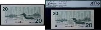 Error; 1991 $20 BC-58d #EWT3007888 Legacy Choice Very Fine-35PPQ - Misalignment of serial Numbers. Estimate: 200 - AND...