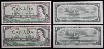Errors; 1954 $1 BC-37b-i #H/O3272774-H/O3372774 & H/O3272775-H/O3372775. onsecutive pair exhibiting a dramatic...