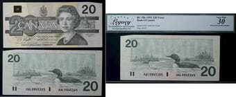 Error; 1991 $20 BC-58c #AWL0045264 Legacy Choice Very Fine-30 - Three Mismatched Serial Numbers. Minor issue. ...
