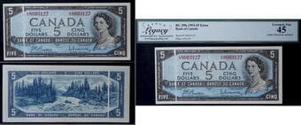 Error; 1954 $5 BC-39b #LX8603127 Legacy Choice Extra Fine-45 - Gutter Fold on Face and Back. Estimate: 250 - AND UP CAD