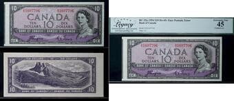 Error; 1954 $10 BC-32a #AD1607706 Legacy Choice Extra Fine-45 - Cutting error. Estimate: 200 - AND UP CAD