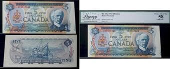 Error; 1972 $5 BC-48a #CK5917385 Legacy Choice About Uncirculated-58 - Cutting error. Estimate: 100 - AND UP CAD
