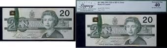 Error; 1991 $20 BC-58b #ESL1785064 Legacy Extra Fine-40 - Ink Smears on Face. Estimate: 100 - AND UP CAD