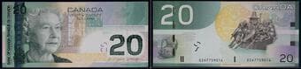 Error; 2005 $20 BC-64a #EZA77559014. Displays Ink irregularities/smear on denominations. Estimate: 100 - AND UP CAD