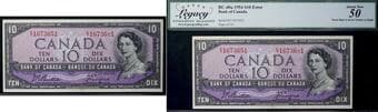 Error; 1954 $10 BC-40a #E/T1673651 Legacy About Uncirculated-50 - Stuck Digit in Serial at Right. Minor issue at...