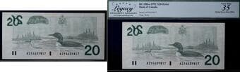 Error; 1991 $20 BC-58b-i #AIY6659817 Legacy Choice Very Fine-35PPQ - Partial Face to Back Offset. Minor issue. ...