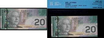 Error; 2005 $20 BC-64a #ALP3898956 CCCS Choice Uncirculated-63 - Back to Face Offset of Serial Number Overprint. ...