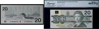 Low Number; 1991 $20 BC-58a #AIA0000702 Legacy Superb Gem Uncirculated-66PPQ Estimate: 100 - AND UP CAD