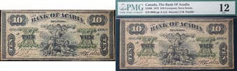 The Bank of Acadia 1872 $10 #0066 CH-5-10-06 PMG Fine-12. An exceptionally rare survivor from one of Canada's most...