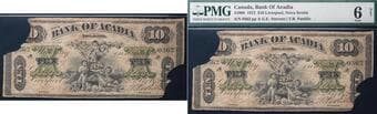 The Bank of Acadia 1872 $10 #0362 CH-5-10-06 PMG GOOD-6 with pieces missing. This example is well-circulated with...