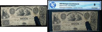 Banque Canadienne 1836 $2 - Lower Canada - CH-80-10-04a WMG Very Good-8 with piece missing. Despite the impairment,...