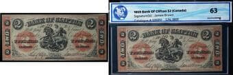 The Bank of Clifton 1859 $2 #1800 CH-125-12-12 WMG Choice Uncirculated-63. Estimate: 650 - AND UP CAD