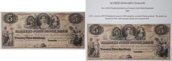 The Farmer's Joint Stock Bank; 1849 $5 #13730 CH-280-12-06 Fine for grade. Interesting example attached to a...