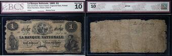 La Banque Nationale 1860 $1 #32351 CH-510-10-04-04 BCS Very Good-10. Engraved date - Missing pieces. Very scarce...