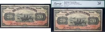 The Bank of Nova Scotia 1929 $20 #470029 CH-550-28-22 Legacy Very Fine-20. Minor issue. Estimate: 1750 - AND UP CAD