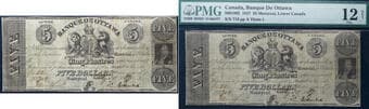 Banque De Ottawa 1837 $5 #713 CH-560-10-02 - Montreal, Lower Canada PMG Fine-12 Minor issue. An exceptionally rare and...