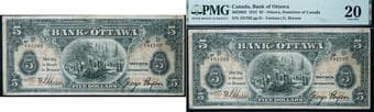 The Bank of Ottawa 1913 $5 #191762 CH-565-26-02 PMG Very Fine-20. A rare and highly desirable early Canadian chartered...