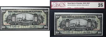 Error; The Royal Bank of Canada 1913 $10 "Battleship" #2973261 CH-630-12-08-E25a-i - Neill-Holt - Graded BCS VF-25,...