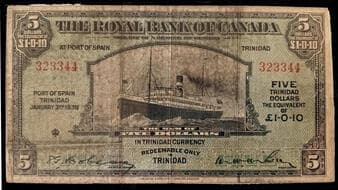 The Royal Bank of Canada; Trinidad & Tobaggo 1938 $5 #323344 CH-630-68-02. Fine example. Estimate: 1000 - AND UP CAD
