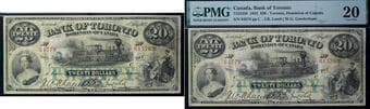 The Bank of Toronto 1923 $20 #64579 CH-715-22-58 PMG Very Fine-20 Rare Typed J.R. Lamb signature - An exceptionally...