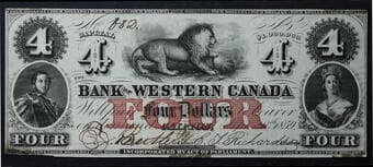 The Bank of Western Canada 1859 $4 #682 CH-795-10-12 BCS Choice Very Fine-35. Some minor issues. A bright example. ...