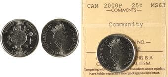 2000-P 25¢ "Community" ICCS Choice Mint State-63. This example represents only the third 2000-P "Community" we have...