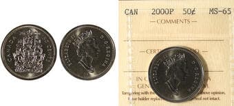 2000-P 50¢ ICCS Gem Mint State-65. Highly desirable among modern Canadian variety and set collectors, this piece...