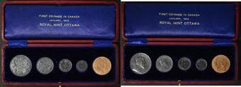 Complete 1908 Specimen Set comprising the 1 Cent, 5 Cent, 10 Cent, 25 Cent, and 50 Cent denominations, housed in its...