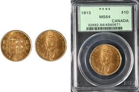 1913 $10 PCGS Choice Mint State-64. Second issue of this three- year series, it displays deep gold tones with full...