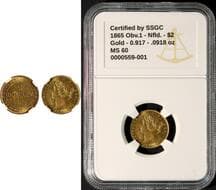 Nfld; 1865 $2 Gold SSGC Mint State-60. Highly lustrous. Estimate: 2000 - AND UP CAD