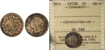 Nfld 1872H 5¢ ICCS Superb Gem Mint State-67. An exceptional, virtually pristine example exhibiting radiant...
