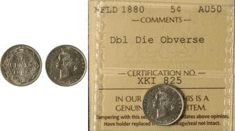 Nfld; 1880 5¢ "Double Die Obverse" ICCS About Uncirculated-50 A brilliant, highly lustrous example with strong...