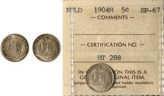 Nfld 1904H 5¢ ICCS Superb Gem Mint State-67. Another exceptionally preserved example, exhibiting attractive gold and...