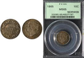 Nfld 1865 10¢ PCGS/ICCS Gem Mint State-65. The first issue in the Newfoundland Dime series, this cross-graded example...