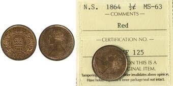 N.S. 1864 1/2¢ ICCS Choice Mint State-63 Red Estimate: 300 - AND UP CAD
