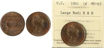 N.S. 1861 1¢ "Large Bud" ICCS Choice Mint State-63RB Estimate: 325 - AND UP CAD