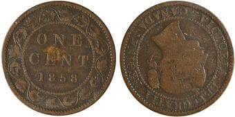 1858 1¢ "Coinage" ICCS Good-6 - Exhibiting coinage axis (↑↓) alignment, where the obverse and reverse are oriented...